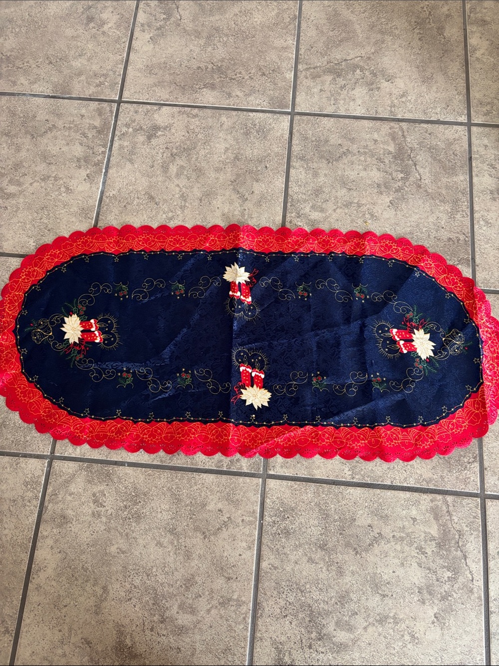 Festive Navy and Red Embroidered Holiday Table Runner